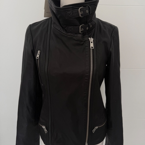 All Saints Black Leather Cropped Bomber High Neck Jacket US 6 - Picture 8 of 11